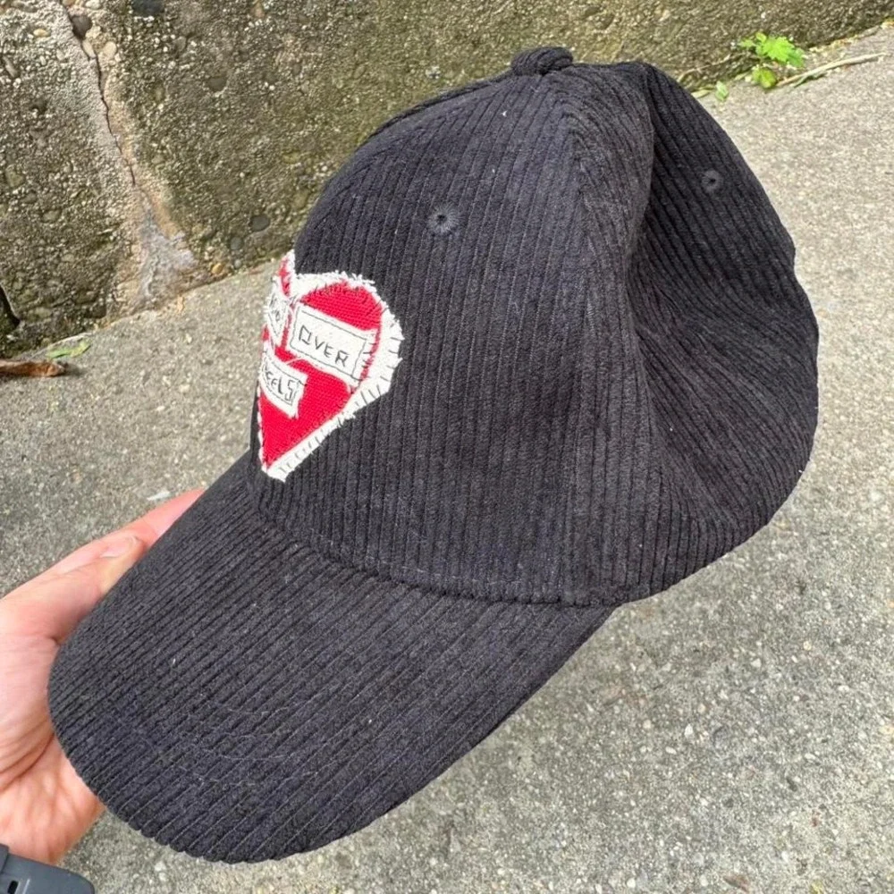 Black Embroidered Baseball Cap Corduroy Head Over Heels Red White Punk Handmade